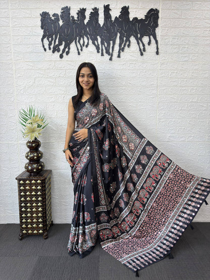 Luxury Cream Ajrak Print Saree for Festive & Cultural Occasions
