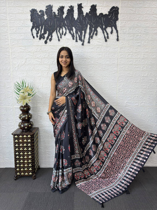 Luxury Cream Ajrak Print Saree for Festive & Cultural Occasions