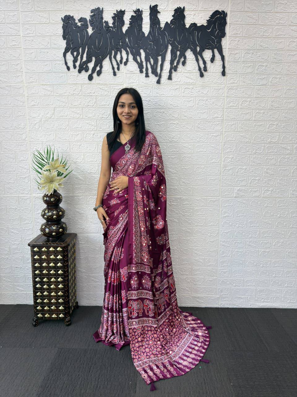 Luxury Cream Ajrak Print Saree for Festive & Cultural Occasions