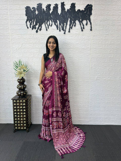 Luxury Cream Ajrak Print Saree for Festive & Cultural Occasions