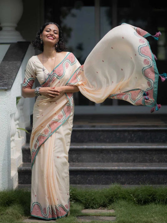 Pure Plain Linen Cotton Saree with Ultra HD Digital Print & Handcrafted Zalar | Elegant Cream Designer Saree for Women