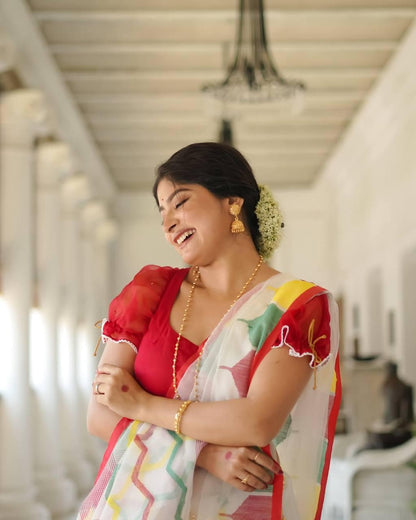 White Linen Cotton Digital Print Saree with Multicolor Border | Elegant Designer Saree for Women | Festive & Casual Wear