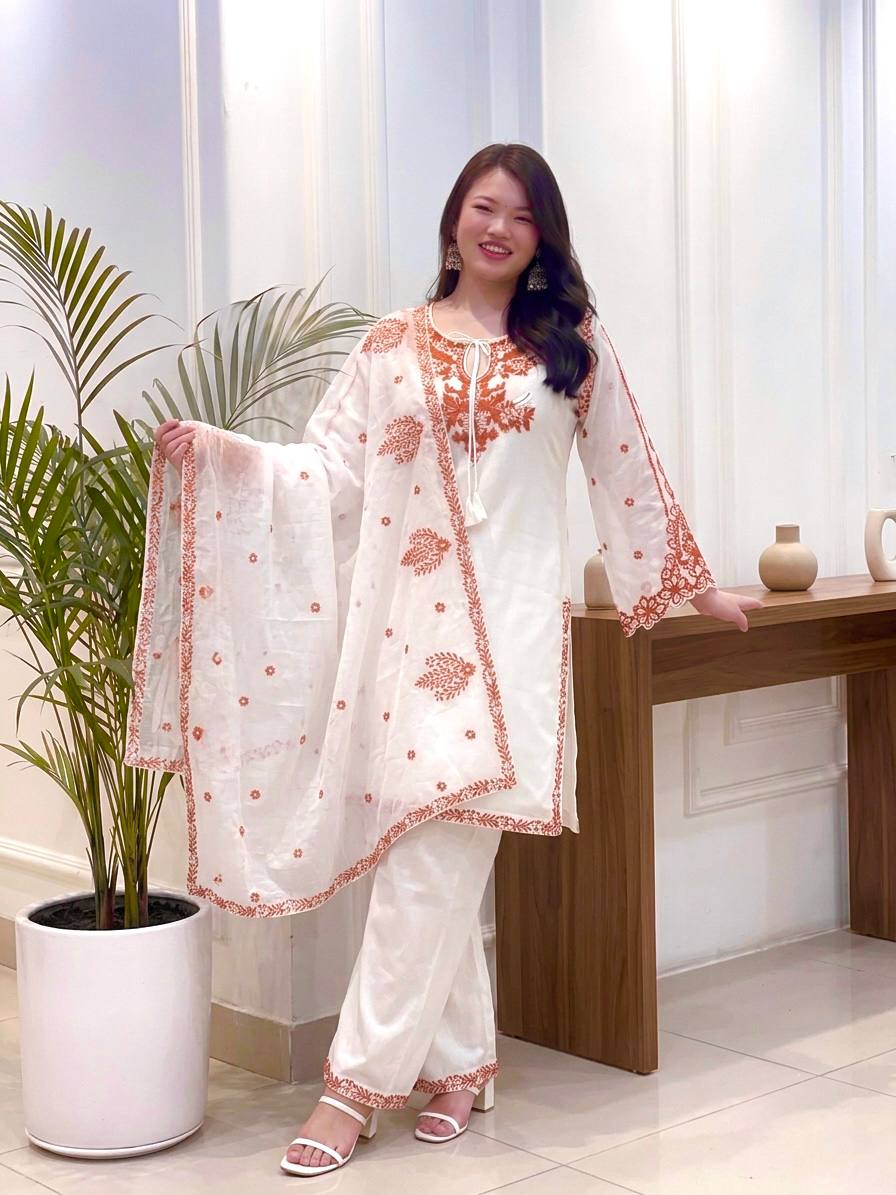 Premium Roman Silk Embroidered Kurta Palazzo Set With Dupatta | Designer Festive Wear
