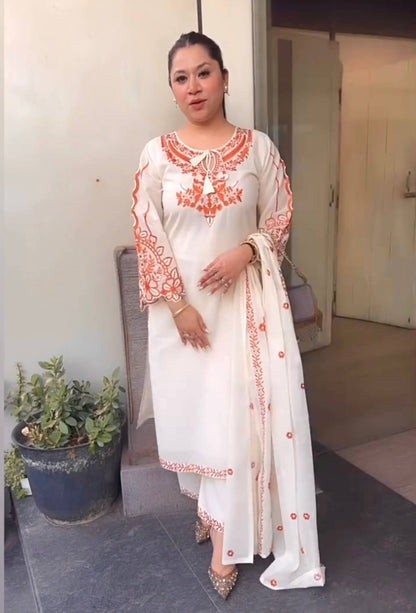 Premium Roman Silk Embroidered Kurta Palazzo Set With Dupatta | Designer Festive Wear