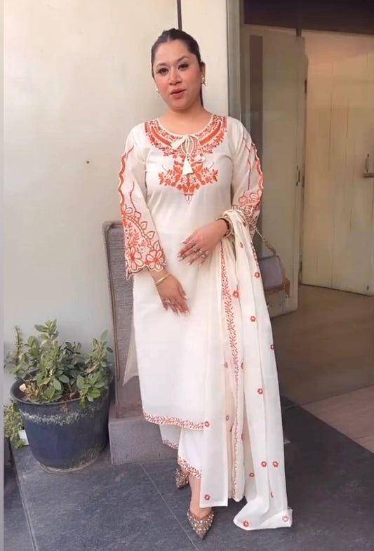 Premium Roman Silk Embroidered Kurta Palazzo Set With Dupatta | Designer Festive Wear