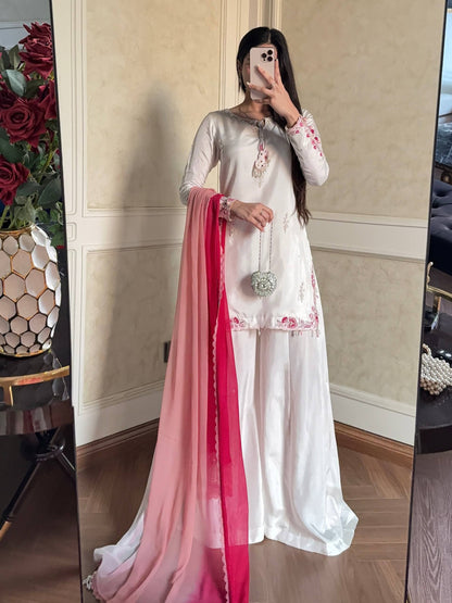 Pure Natural Crepe Silk Embroidered Palazzo Suit Set With Sequin Work & Shaded Dupatta | Designer Festive Wear