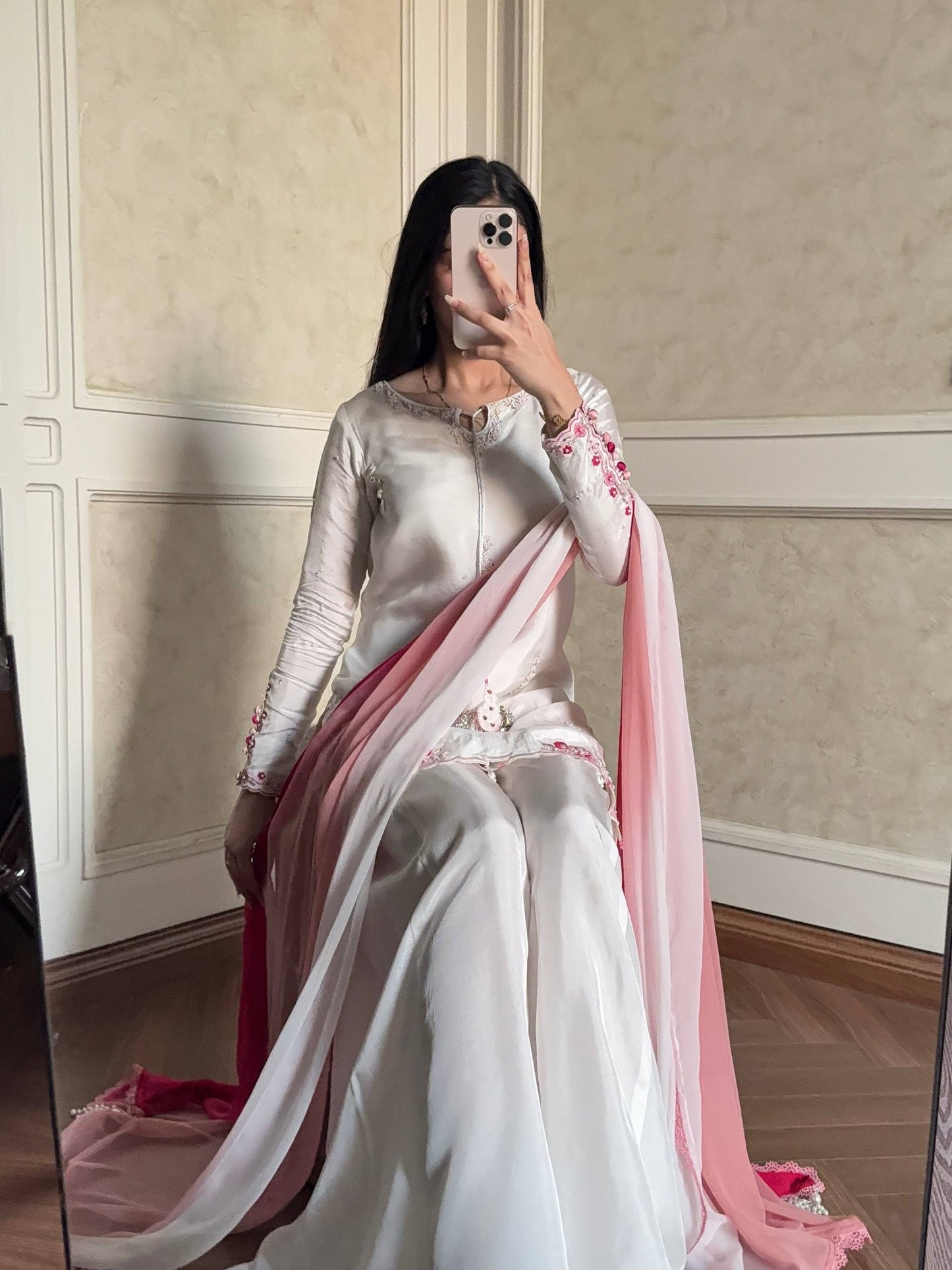 Pure Natural Crepe Silk Embroidered Palazzo Suit Set With Sequin Work & Shaded Dupatta | Designer Festive Wear