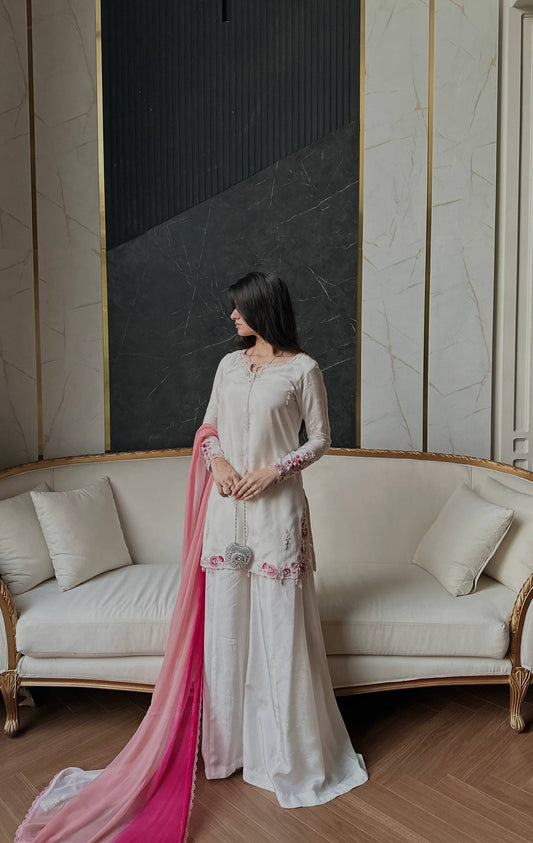 Pure Natural Crepe Silk Embroidered Palazzo Suit Set With Sequin Work & Shaded Dupatta | Designer Festive Wear