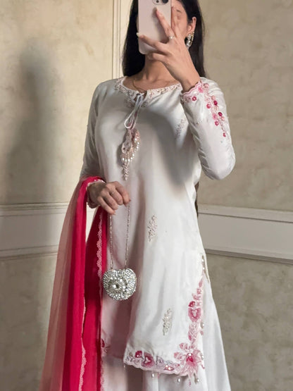 Pure Natural Crepe Silk Embroidered Palazzo Suit Set With Sequin Work & Shaded Dupatta | Designer Festive Wear