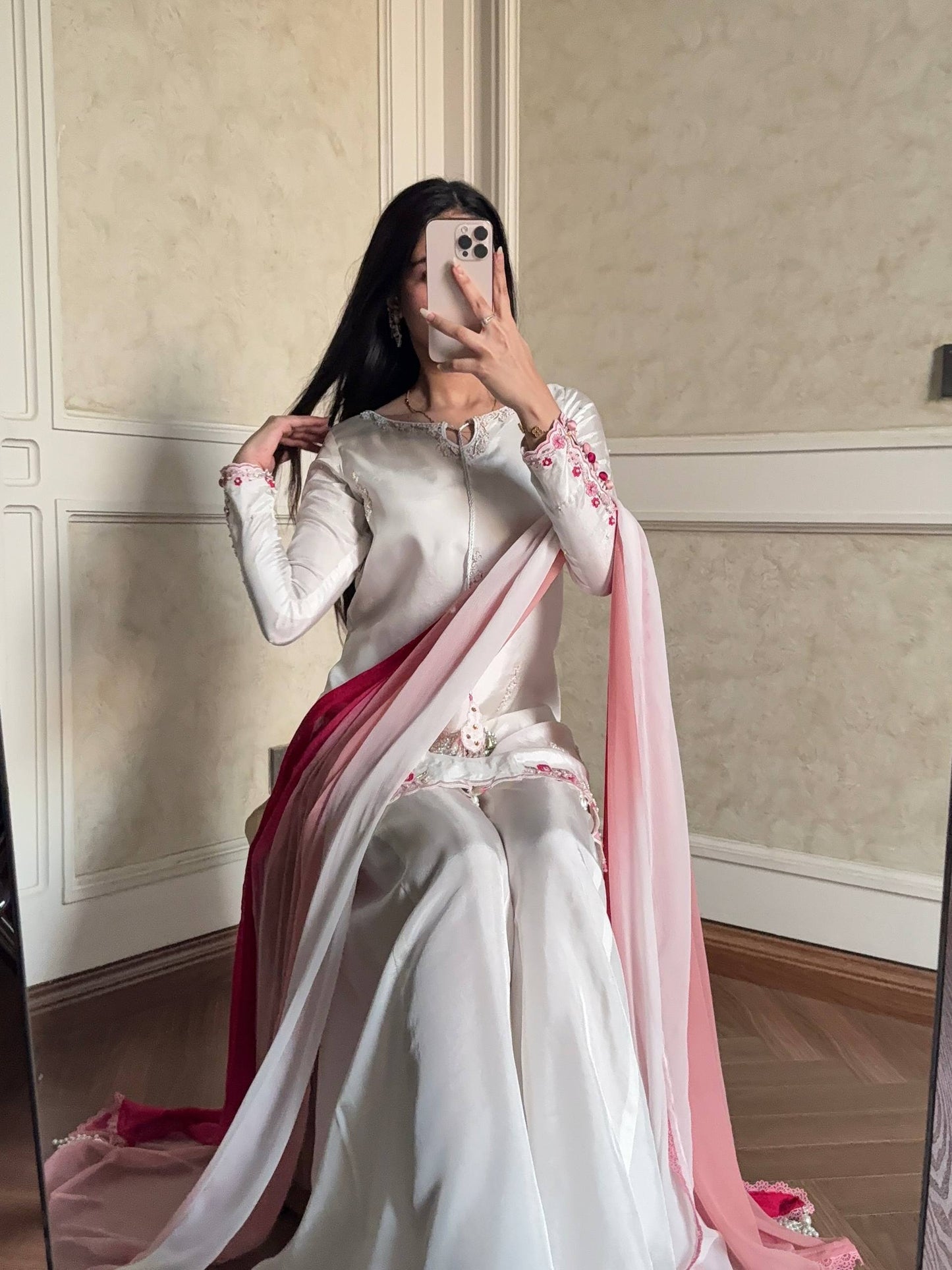 Pure Natural Crepe Silk Embroidered Palazzo Suit Set With Sequin Work & Shaded Dupatta | Designer Festive Wear