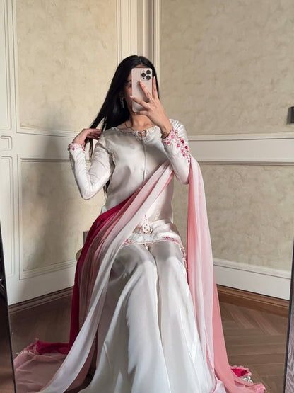 Pure Natural Crepe Silk Embroidered Palazzo Suit Set With Sequin Work & Shaded Dupatta | Designer Festive Wear