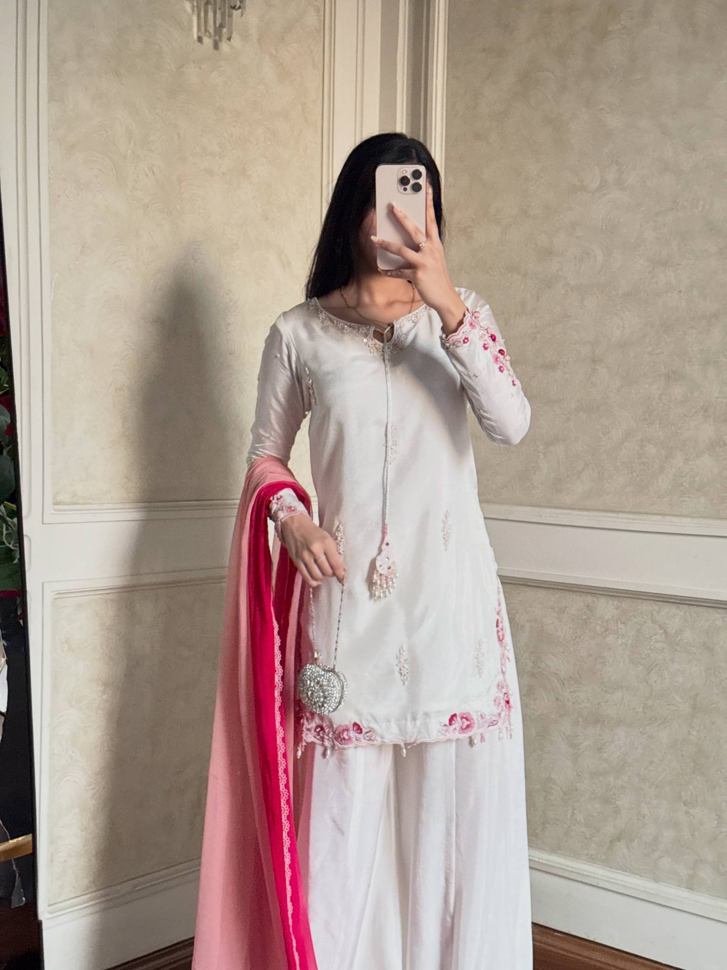 Pure Natural Crepe Silk Embroidered Palazzo Suit Set With Sequin Work & Shaded Dupatta | Designer Festive Wear