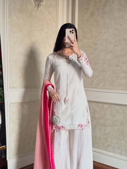 Pure Natural Crepe Silk Embroidered Palazzo Suit Set With Sequin Work & Shaded Dupatta | Designer Festive Wear