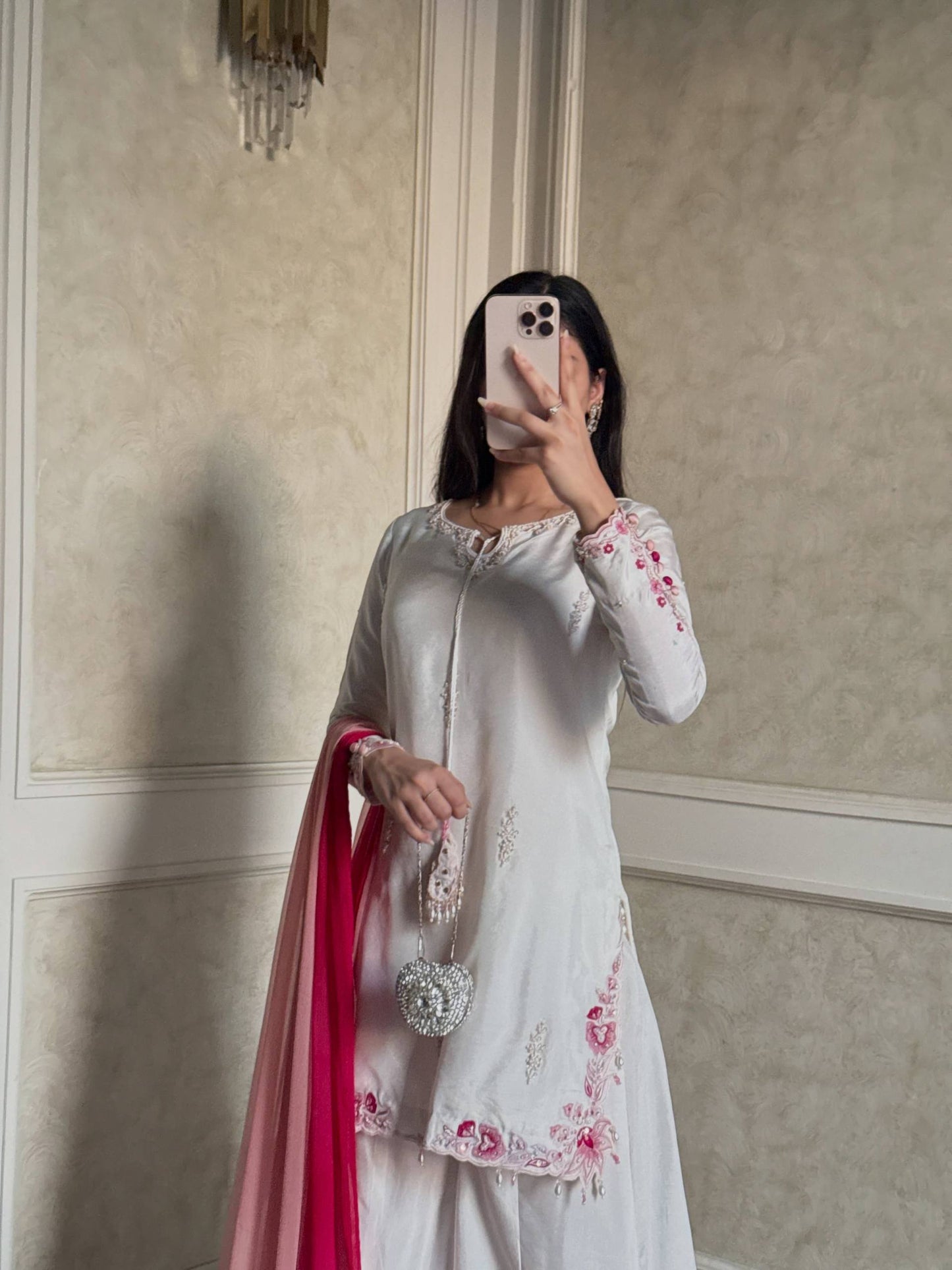 Pure Natural Crepe Silk Embroidered Palazzo Suit Set With Sequin Work & Shaded Dupatta | Designer Festive Wear