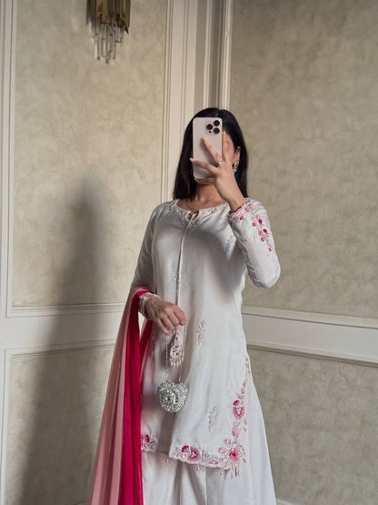 Pure Natural Crepe Silk Embroidered Palazzo Suit Set With Sequin Work & Shaded Dupatta | Designer Festive Wear
