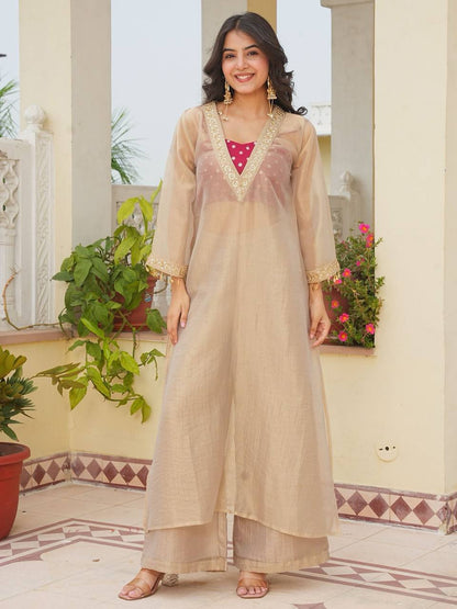 Golden Tissue Salsa Embroidered Kurta Palazzo Set | Designer Festive Wear
