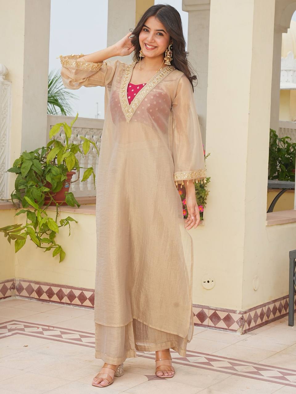 Golden Tissue Salsa Embroidered Kurta Palazzo Set | Designer Festive Wear