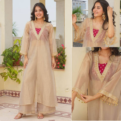 Golden Tissue Salsa Embroidered Kurta Palazzo Set | Designer Festive Wear
