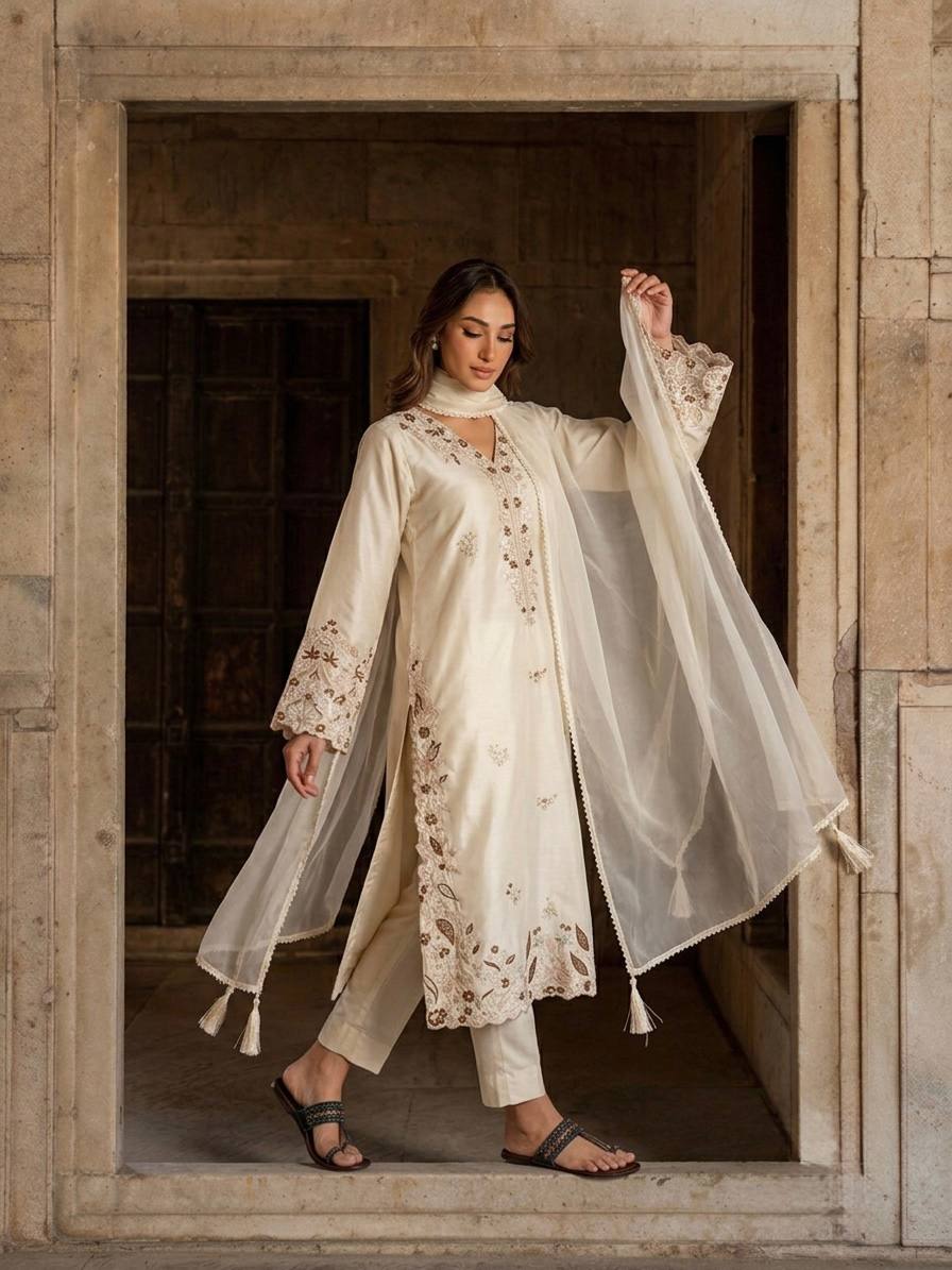 Pure Roman Glass Embroidered Kaftan Set With Dupatta | Festive Wear