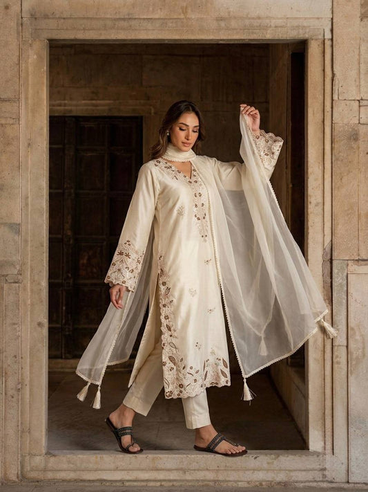 Pure Roman Glass Embroidered Kaftan Set With Dupatta | Festive Wear