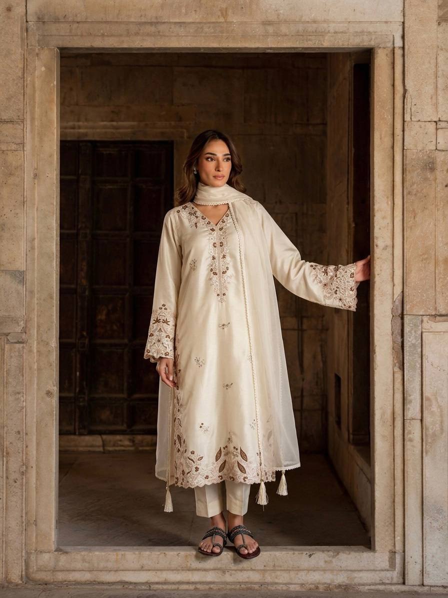 Pure Roman Glass Embroidered Kaftan Set With Dupatta | Festive Wear