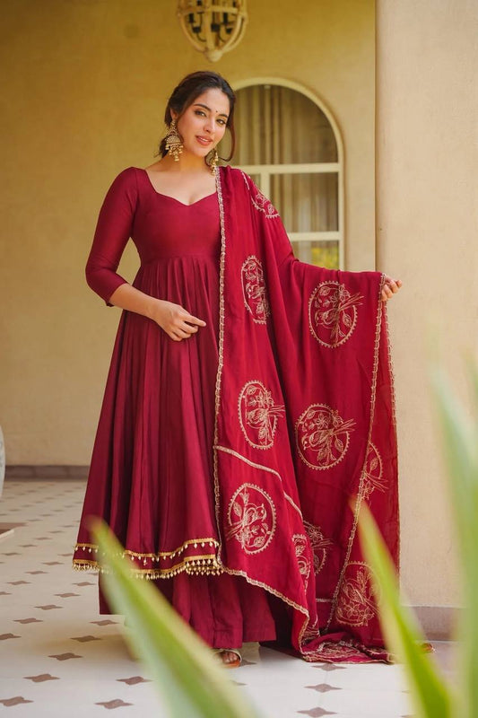 **Heavy Roman Silk Anarkali Palazzo Suit With Embroidered Chanderi Silk Dupatta | Designer Festive Wear**