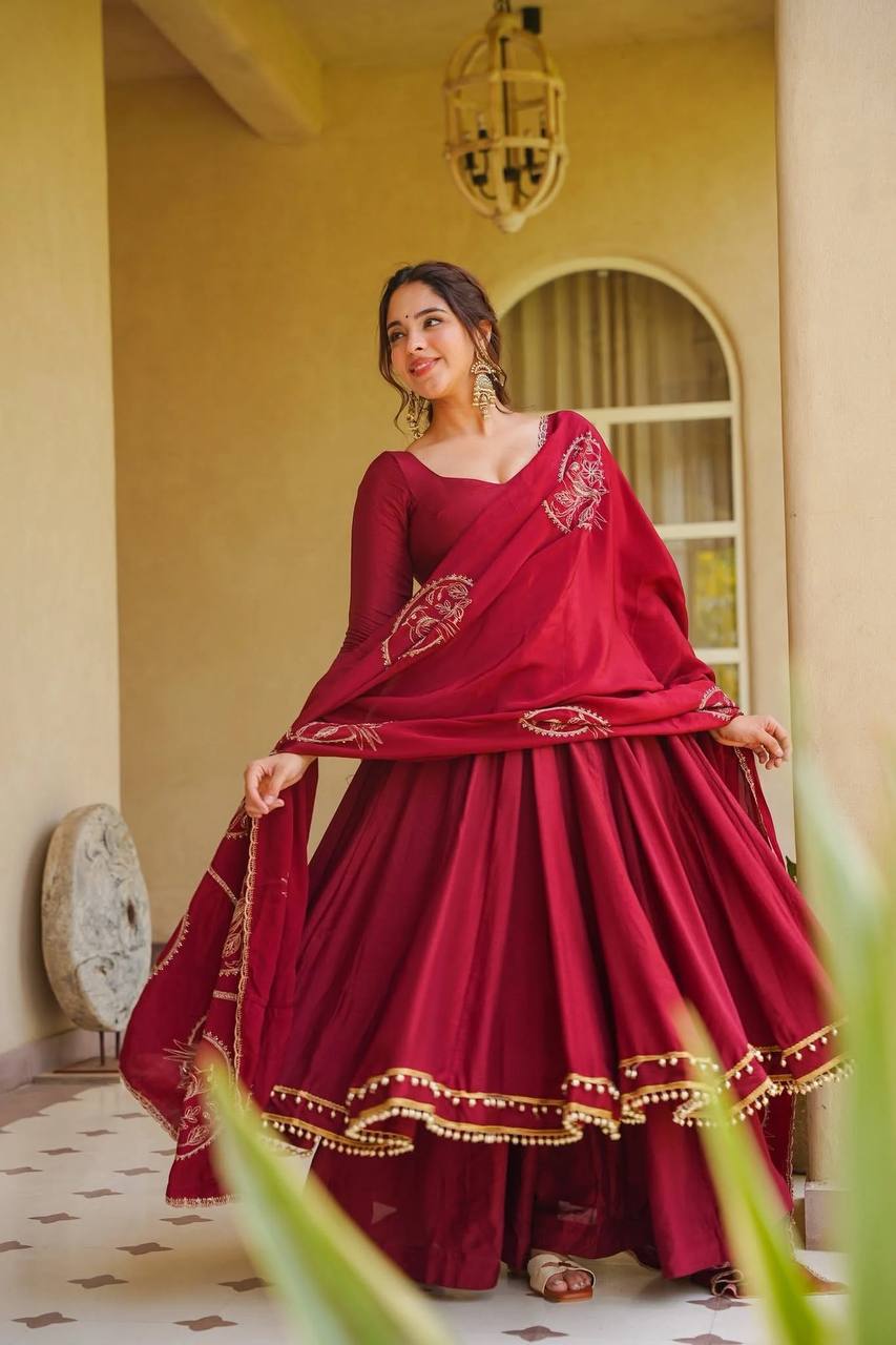 **Heavy Roman Silk Anarkali Palazzo Suit With Embroidered Chanderi Silk Dupatta | Designer Festive Wear**
