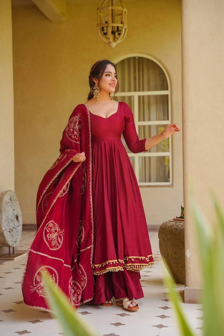 **Heavy Roman Silk Anarkali Palazzo Suit With Embroidered Chanderi Silk Dupatta | Designer Festive Wear**