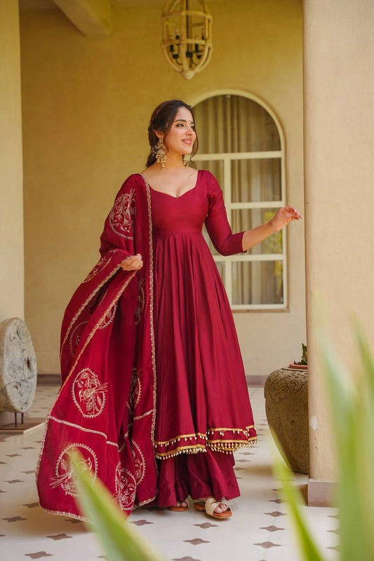 **Heavy Roman Silk Anarkali Palazzo Suit With Embroidered Chanderi Silk Dupatta | Designer Festive Wear**