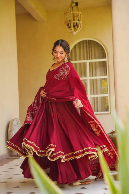 **Heavy Roman Silk Anarkali Palazzo Suit With Embroidered Chanderi Silk Dupatta | Designer Festive Wear**