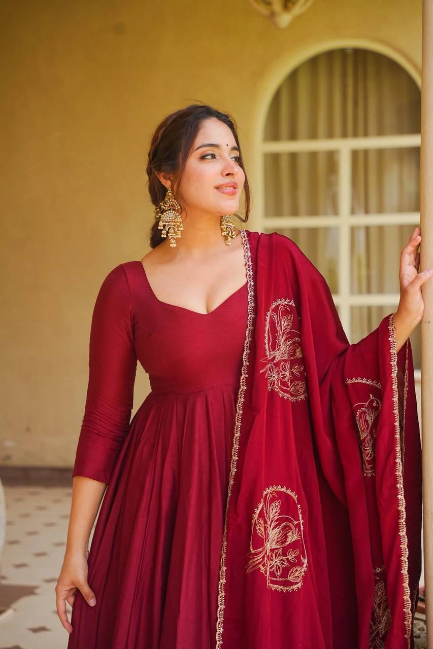 **Heavy Roman Silk Anarkali Palazzo Suit With Embroidered Chanderi Silk Dupatta | Designer Festive Wear**