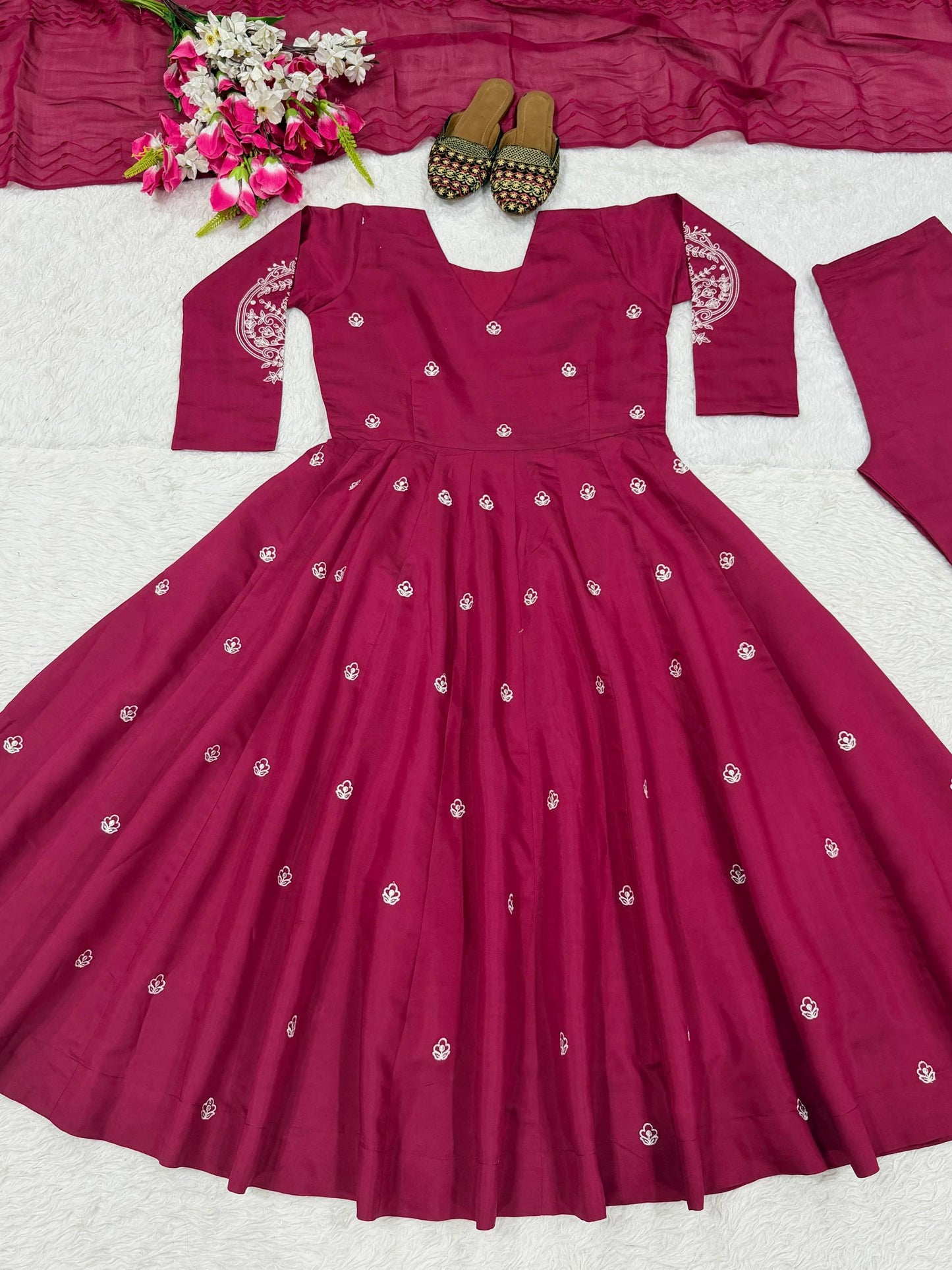 Heavy Roman Silk Embroidered Anarkali Suit With 4 Meter Flair & Chanderi Silk Dupatta | Wedding Wear