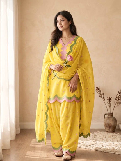 Designer Chanderi Cotton Farshi Salwar Suit Set with Embroidery, Sequence & Zari Work | Fully Stitched Kurta, Farshi Salwar & Dupatta