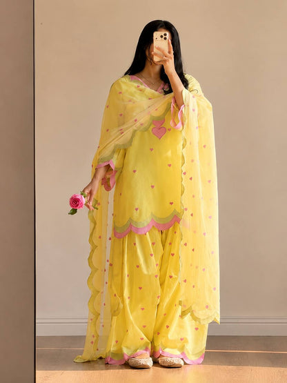 Designer Chanderi Cotton Farshi Salwar Suit Set with Embroidery, Sequence & Zari Work | Fully Stitched Kurta, Farshi Salwar & Dupatta