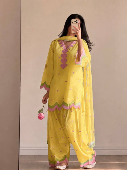 Designer Chanderi Cotton Farshi Salwar Suit Set with Embroidery, Sequence & Zari Work | Fully Stitched Kurta, Farshi Salwar & Dupatta