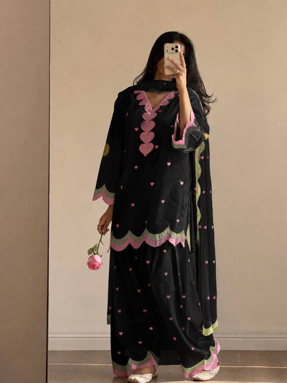 Designer Chanderi Cotton Farshi Salwar Suit Set with Embroidery, Sequence & Zari Work | Fully Stitched Kurta, Farshi Salwar & Dupatta