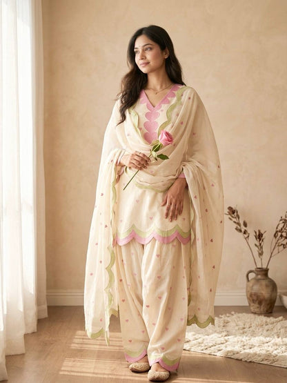 Designer Chanderi Cotton Farshi Salwar Suit Set with Embroidery, Sequence & Zari Work | Fully Stitched Kurta, Farshi Salwar & Dupatta