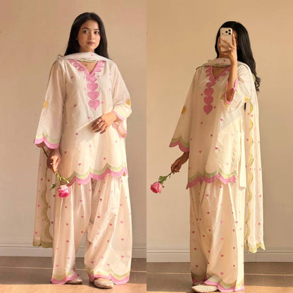 Designer Chanderi Cotton Farshi Salwar Suit Set with Embroidery, Sequence & Zari Work | Fully Stitched Kurta, Farshi Salwar & Dupatta