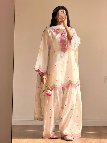 Designer Chanderi Cotton Farshi Salwar Suit Set with Embroidery, Sequence & Zari Work | Fully Stitched Kurta, Farshi Salwar & Dupatta
