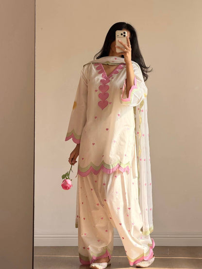 Designer Chanderi Cotton Farshi Salwar Suit Set with Embroidery, Sequence & Zari Work | Fully Stitched Kurta, Farshi Salwar & Dupatta