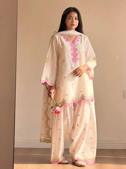 Designer Chanderi Cotton Farshi Salwar Suit Set with Embroidery, Sequence & Zari Work | Fully Stitched Kurta, Farshi Salwar & Dupatta