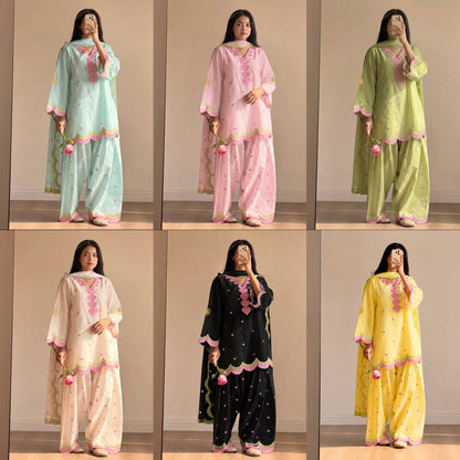 Designer Chanderi Cotton Farshi Salwar Suit Set with Embroidery, Sequence & Zari Work | Fully Stitched Kurta, Farshi Salwar & Dupatta