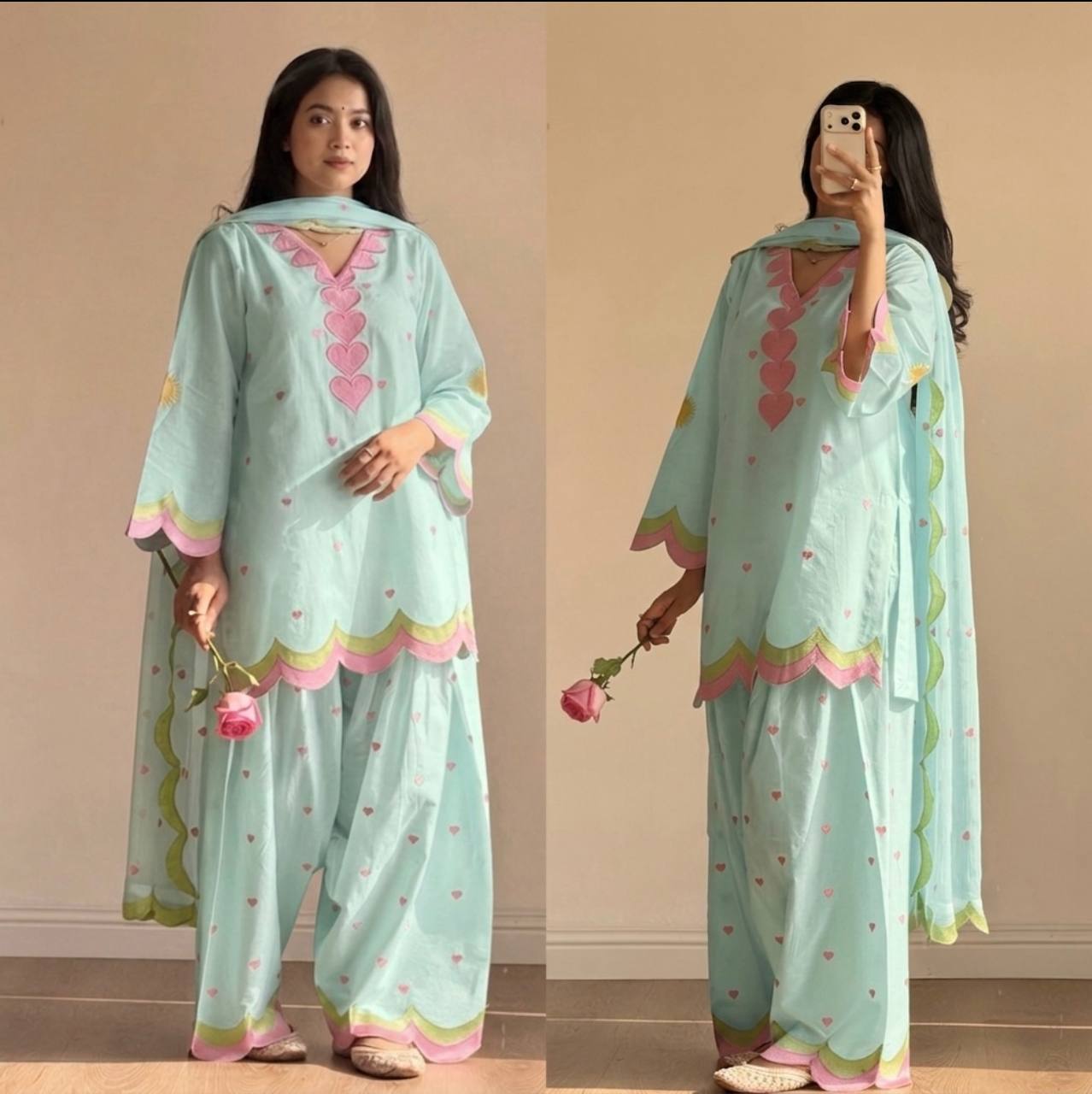 Designer Chanderi Cotton Farshi Salwar Suit Set with Embroidery, Sequence & Zari Work | Fully Stitched Kurta, Farshi Salwar & Dupatta