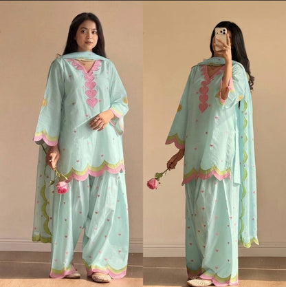 Designer Chanderi Cotton Farshi Salwar Suit Set with Embroidery, Sequence & Zari Work | Fully Stitched Kurta, Farshi Salwar & Dupatta
