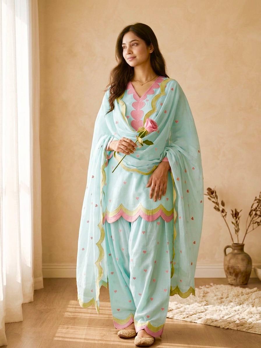 Designer Chanderi Cotton Farshi Salwar Suit Set with Embroidery, Sequence & Zari Work | Fully Stitched Kurta, Farshi Salwar & Dupatta
