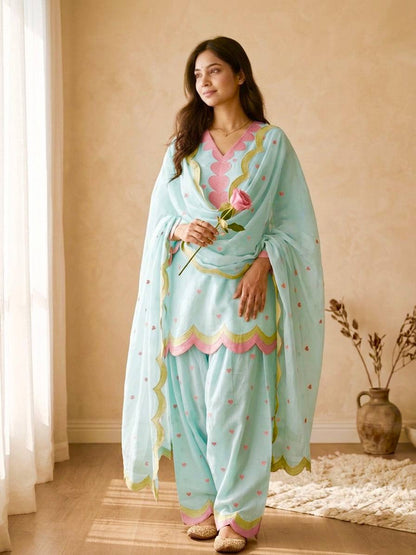 Designer Chanderi Cotton Farshi Salwar Suit Set with Embroidery, Sequence & Zari Work | Fully Stitched Kurta, Farshi Salwar & Dupatta