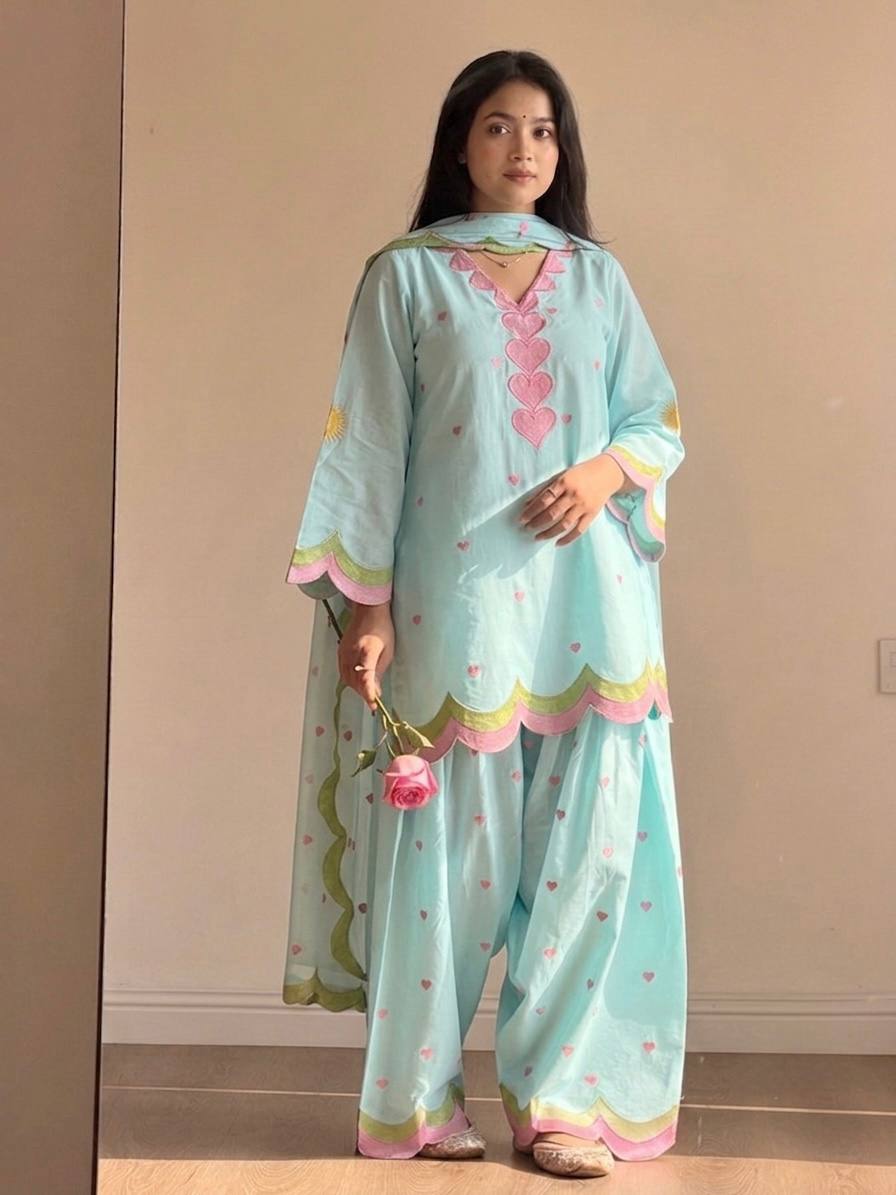 Designer Chanderi Cotton Farshi Salwar Suit Set with Embroidery, Sequence & Zari Work | Fully Stitched Kurta, Farshi Salwar & Dupatta