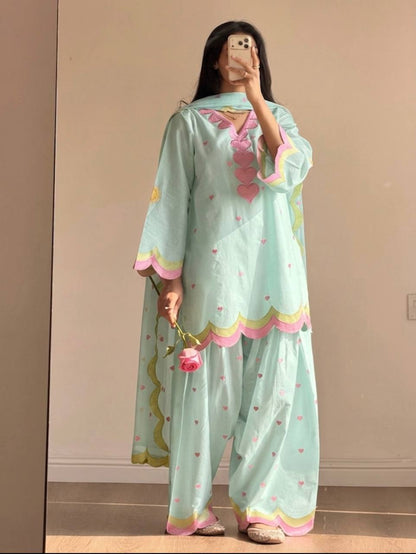Designer Chanderi Cotton Farshi Salwar Suit Set with Embroidery, Sequence & Zari Work | Fully Stitched Kurta, Farshi Salwar & Dupatta