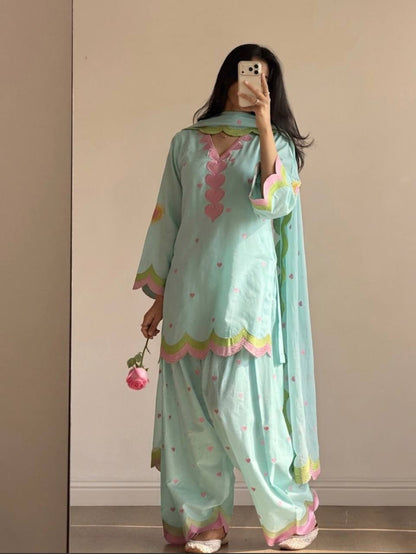 Designer Chanderi Cotton Farshi Salwar Suit Set with Embroidery, Sequence & Zari Work | Fully Stitched Kurta, Farshi Salwar & Dupatta