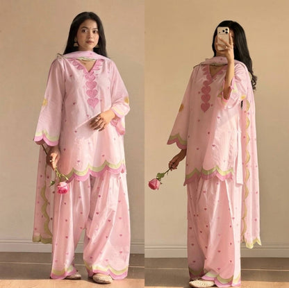 Designer Chanderi Cotton Farshi Salwar Suit Set with Embroidery, Sequence & Zari Work | Fully Stitched Kurta, Farshi Salwar & Dupatta